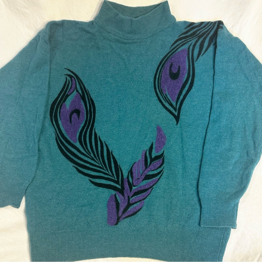 Vintage Teal & Purple Sweater with Peacock Design